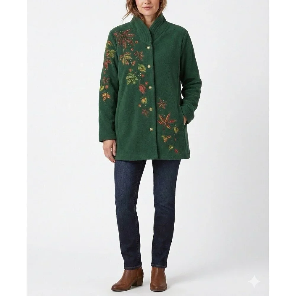 Bob Mackie Embroidered Fleece Jacket Green Button Front Fall Leaves Women’s XL